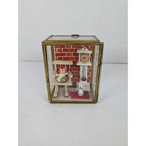 Vtg Gold  & Glass  Shadow Box Diorama w Wood Child, Cat, and Clock Decoration